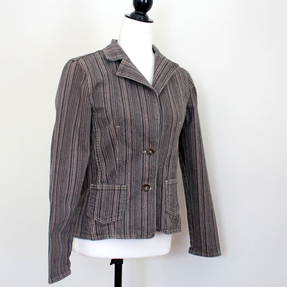 Vintage POINT ZERO Jacket Brown Grey Striped Stretch Cotton Blend Pockets Size S